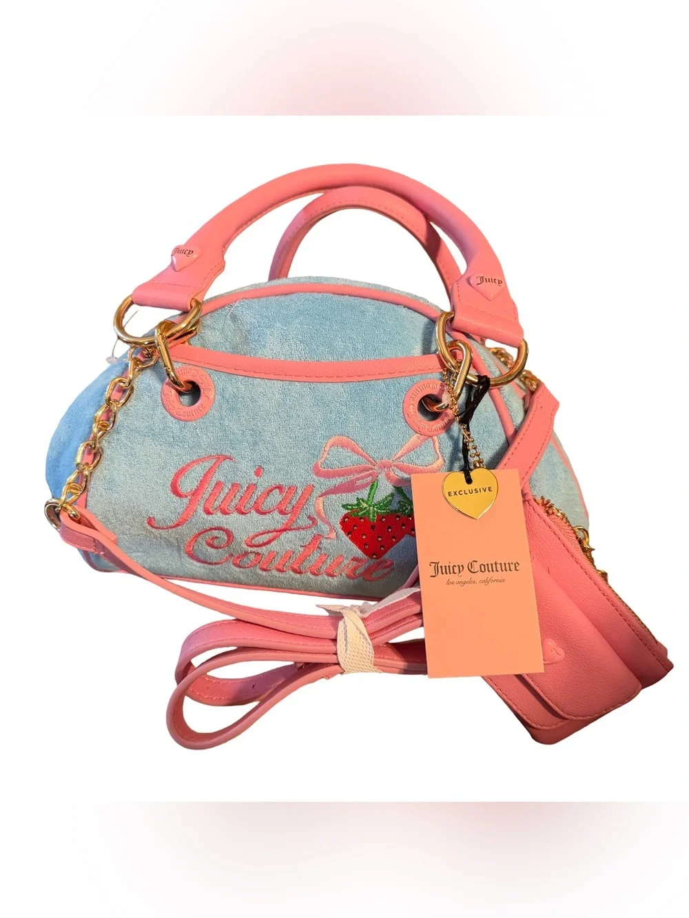 Juicy Couture NWT Classic Juicy Blue & Pink Satchel Pink Strawberry Logo (P251)